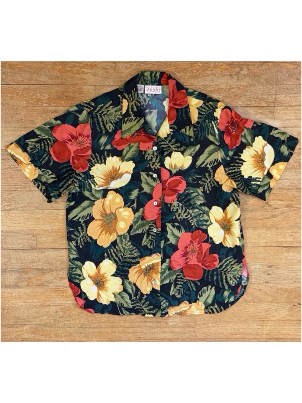 Vintage Silk Hawaiian Shirt Womens Size Medium 90s Hibiscus Floral Print Blouse